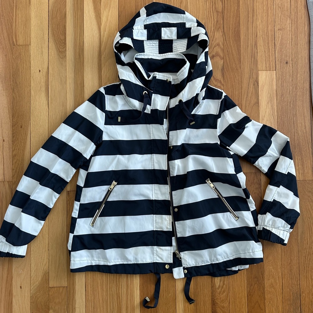 Zara Navy and White Striped Rain Jacket with Gold Zipper